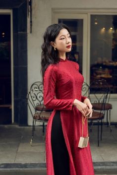 Very elegant design Red Fitted Ao Dai For Formal Occasions, Red Formal Fitted Ao Dai, Red Fitted Ao Dai, Red Fitted Ao Dai For Evening, Red Fitted Full-length Ao Dai, Elegant Red Ao Dai For Evening, Elegant Red Ao Dai For Festive Occasion, Festive Fitted Red Ao Dai, Festive Red Fitted Ao Dai