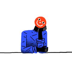 a drawing of a person with a smile on their face holding a red object in his hand