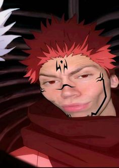 a man with red hair and an anime avatar on his face, looking at the camera