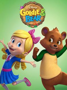 the cartoon character is running next to another character in front of a sign that says, goldie and bear