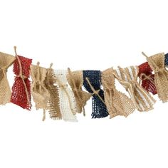 burlap banner with red, white and blue tassels