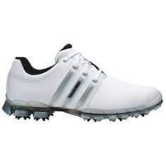 the adi tour 360 golf shoe is white and has black trim on the upper part