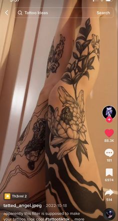 tattoos on the legs of two women with flowers and zebra stripes, are seen in this screenshot