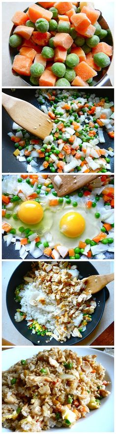 there are many different pictures of food being cooked in the same pan as eggs, rice and peas