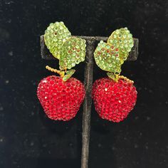 Gorgeous Crystal Apple Earrings By Simon Tu. These Are From Our Original Ny “Wearable Art” Gallery In The 1980s-90s. His Jewelry Is Not Easy To Find And Has Become Coveted With Vintage Jewelry Collectors. The Red And Peridot Swarovski Crystal Apple Earrings Are Very Rare. I Have Never Seen Them Come Up At Auction Or Anywhere. I’ve Seen Some Of His Vintage Designs Sell For Hundreds & Even Thousands. I’ve Added Some Other Pictures Of His Vintage Jewelry Mine Is New Just Specially Designed For Our New York Gallery, Crystal Apple, Apple Earrings, Vintage Orange, Orange Bag, The Big Apple, Big Apple, Vintage Designer, Red Apple