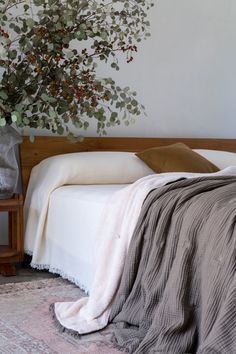 a bed with a blanket and pillows next to a plant in a vase on the floor