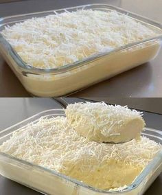 two images show how to make an enchilada in a casserole dish