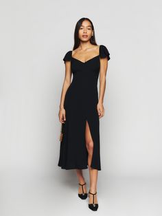 Baxley Dress - Short Sleeve Midi | Reformation Formal V-neck Slip Dress With Side Slits, Evening V-neck Maxi Dress With Smocked Back, Elegant V-neck Crepe Midi Dress, Fitted V-neck Dress With Smocked Back, V-neck Dress With Smocked Back And Fitted Bodice, Viscose V-neck Ruched Midi Dress, Ruched V-neck Midi Dress In Viscose, Summer Crepe Maxi Dress, V-neck Midi Dress With Ruched Fitted Bodice