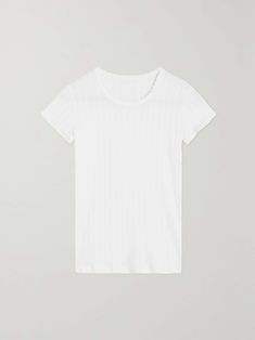 LESET Pointelle-knit cotton-jersey T-shirt White Ribbed Relaxed Fit T-shirt, Everyday Fitted T-shirt With Ribbed Neckline, Classic Stretch Crew Neck T-shirt, Fitted T-shirt With Ribbed Neckline For Everyday, Fitted T-shirt With Ribbed Neckline, Classic White Stretch T-shirt, White Ribbed Fitted T-shirt, Fitted White Ribbed T-shirt, Classic Stretch Top With Short Sleeves