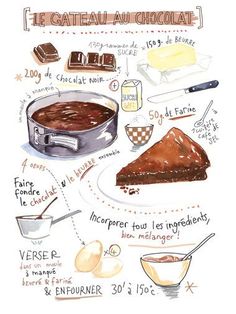 a poster with some food on it and instructions to make chocolate desserts in french