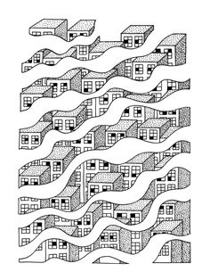 an abstract drawing with wavy lines in black and white