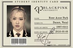 an id card for a student in blackpink university