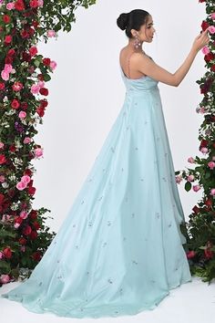 Tiffany blue sleeveless attached cancan padded gown with tonal rose bloom sequin embroidery and plunging V neckline. - Aza Fashions Sleeveless Gown With Floral Embroidery For Reception, Festive Sleeveless Gown With Fitted Bodice, Sleeveless Dress With Fitted Bodice For Reception, Sleeveless Gown With Fitted Bodice For Reception, Floor-length Gown With Floral Embroidery For Debutante Ball, Sleeveless Gown With Floral Applique, Sleeveless Organza Dress For Reception, Sleeveless Gown With Floral Applique For Prom, Sleeveless Gown For Debutante Ball In Spring