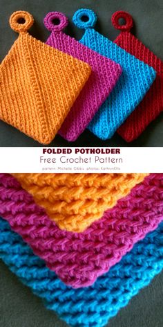 four crocheted dishcloths in different colors are shown with the words, free crochet pattern