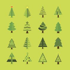 various types of christmas trees on a green background