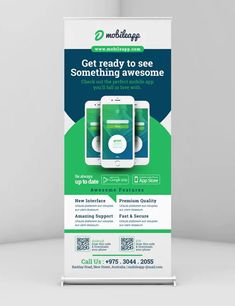 a white and green roll up banner with the words get ready to see something awesome