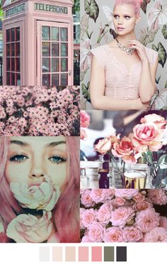 a collage of photos with pink hair and flowers