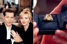 a man and woman holding an engagement ring in their hands, next to a photo of the couple's engagement ring