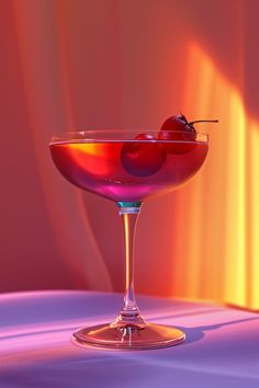 two cherries sit on the rim of a cocktail glass with liquid in it, against a pink background