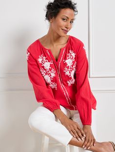 Crinkle Gauze Embroidered Popover | Talbots Talbots Summer, Classic Style Women, New T, Sewing Inspiration, Modern Classic, Long Sleeve, How To Wear, Clothes