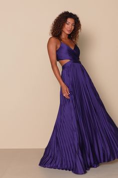 It will be clear just how glamorous you are in the Lulus Got the Glam Navy Blue Pleated Cutout Maxi Dress! Sleek woven satin shapes this dress that has adjustable spaghetti straps, a surplice neckline, and a fitted bodice. A back cutout peeks around to the sides atop a banded waist and an accordion-pleated maxi skirt. Exposed silver zipper on the top and hidden back zipper/clasp on the skirt. Fit: This garment fits true to size. Length: Floor length. Size medium measures 57.5" from adjustable st Blue Maxi Dress With Pleated Back For Formal Occasions, Chic Blue Pleated Maxi Dress, Blue Pleated Back Maxi Dress, Blue Pleated Silk Maxi Dress, Chic Blue Cutout Maxi Dress, Navy Blue Gown, Cutout Maxi Dress, Pleated Maxi Skirt, Pleated Maxi