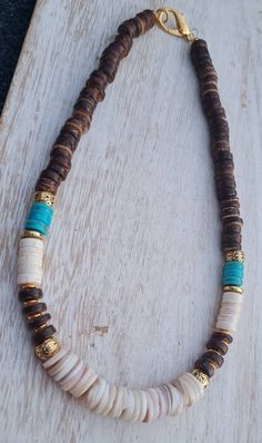 Aquamarine Heishi Beads Boho Necklaces Aqua Brown Cream - Etsy Necklaces Boho, Beaded Boho Necklace, Boho Necklaces, Beach Necklaces, Aquamarine Beads, Rose Quartz Gemstone, Heishi Beads, Shell Jewelry, Gemstone Necklace Pendant