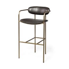 a bar stool with a black leather seat and gold metal frame, against a white background