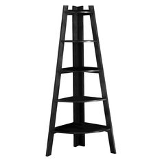 a tall black shelf with four shelves on each side