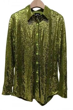 Green Casual Patchwork Sequins Shirt Collar Tops Green Long Sleeve Sequin Top, Green Sequined Long Sleeve Top, Green Collared Blouse For Party, Green Collared Party Shirt, Green Button-up Party Shirt, Green Collared Party Top, Blouse 2023, Woman Blouse, Glitter Shirt