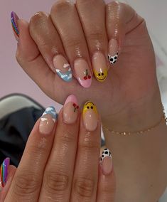 Mix And Match French Tip Nails, Circle Nail Designs, Cute Funky Nails Almond, Hippie Nails, Short Square Acrylic Nails, Round Nails, Bling Acrylic Nails