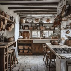 Rustic linen curtains and patterned tea towels add texture and charm to this welcoming English countryside kitchen Earthy Kitchen, Rustic Country Kitchen, Countryside Kitchen, Cabinets Makeover, Kitchen Organisation, Rustic Kitchen Design, Cottage Kitchens, Kitchen Cabinets Makeover