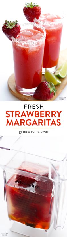 fresh strawberry margaritas in a blender with lime and strawberries