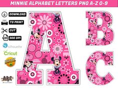 minnie mouse letter with flowers on it and the letters are also in pink, black and white