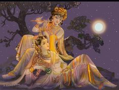 two women sitting on the ground in front of a tree with a full moon behind them