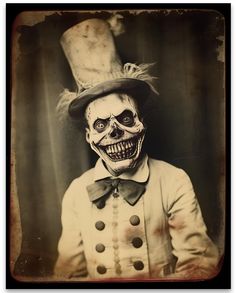 an old photo of a creepy clown wearing a top hat