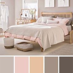 a bedroom with neutrals and pink colors in the walls, bedding, rugs and pictures on the wall