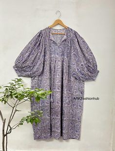 Indian Hand Block Printed Cotton Dress, Beautiful Dress, Comfortable Maxi Dress, Bohemian Dress, Hippie Dress, Floral Animal Bird Print Dress, Vintage Gown Dress, Unique Women Dress, Women Wear Stylish Summer Dress, Evening Dress, Comfortable Dress,  Indian Artisan Dress, Handmade Dress, Traditional Dress, Vegetable Dye, Natural Dye, Wooden Dye, Mini Midi Dress, Easy Wear Dress, Soft Cotton Dress, Gifts For Her Wearing This Hand Block Print Beautiful Dress, Which is Made Of Soft Pure Cotton Gauz Bohemian Patterned Dresses With Printed Motifs, Printed Cotton Purple Dresses, Purple Printed Cotton Dress, Purple Cotton Printed Dresses, Casual Long Sleeve Dress With Ikat Print, Casual Long Sleeve Ikat Print Dress, Traditional Patterned Dress With Boho Print, Traditional Long Sleeve Boho Print Dresses, Bohemian Short Sleeve Ikat Print Dress