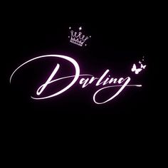 the word daring with a crown on top of it in purple neon lights against a black background