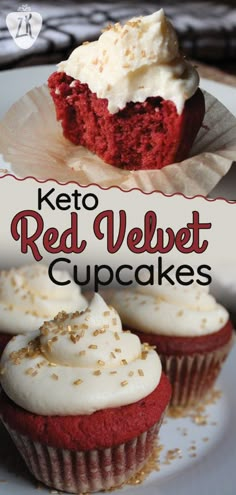 red velvet cupcakes with white frosting and sprinkles