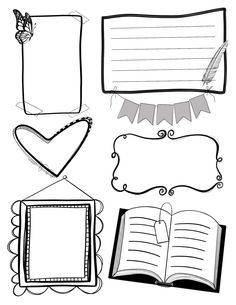 an open book with blank pages and other items for writing or scrapping on it