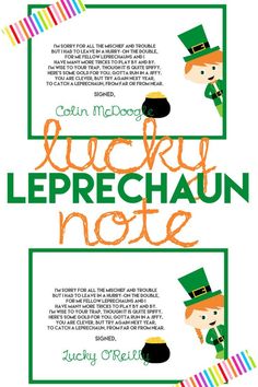 the lucky leprechaun note for st patrick's day is shown in green and orange