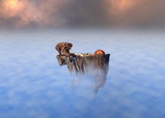 a brown bear standing on top of a piece of wood in the middle of water