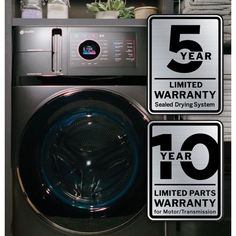 an image of a washing machine with the number five on it and another sign that says, 5 year limited drying system 10 year warrant