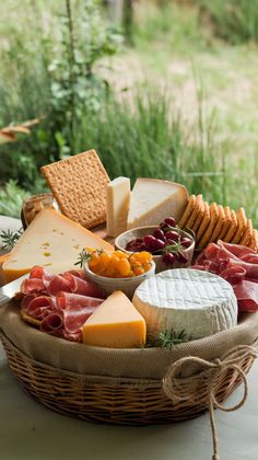 a wicker basket filled with cheese, meats and crackers on a table