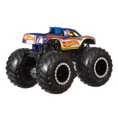 a toy monster truck with big tires on a white background