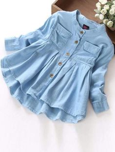 Girls Long Sleeve Button Down Denim Tunic - Girls Fall Top Denim Tunic, Long Sleeve Denim Shirt, Trendy Fashion Tops, Girls Denim, Baby Outfits, Girls Fashion Clothes, Fashion Kids