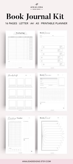 the printable book journal kit is shown in four different sizes, including two pages and one