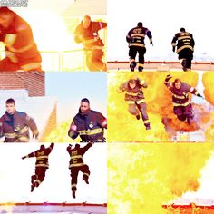 multiple photos of firemen in action with flames coming out of their chests and on the ground