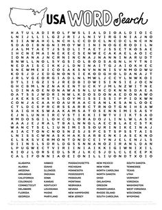 the usa word search is shown in black and white