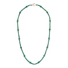 Malachite beaded necklace with 18k gold clasp Elegant Emerald Beaded Necklaces, Elegant Emerald Jewelry With Polished Beads, Luxury Beaded Necklaces With Round Beads, Luxury Necklaces With Gemstone Round Beads, Luxury Rondelle Gemstone Beaded Necklaces, Luxury Beaded Necklace With Polished Rondelle Beads, Luxury Single Strand Beaded Necklaces, Traditional Beaded Chain Necklace For Formal Occasions, Traditional Formal Necklace With Beaded Chain